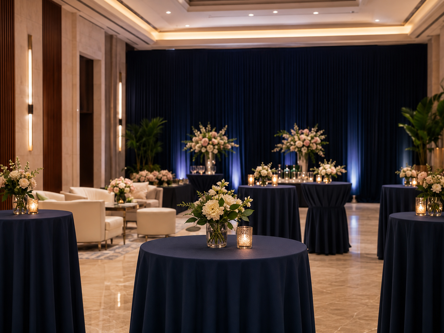 Salón corporativo con mesas de cóctel, flores y fondo azul oscuro